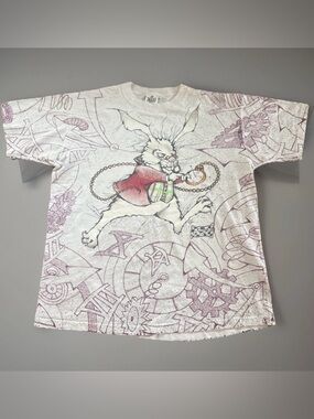Vnt 90s Andazia Int "I'm Late"  T-shirt White Rabbit Alice in Wonderland XL AOP